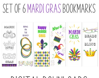 Mardi Gras Bookmarks, Colorful Masks, Beads, Printable Set (Digital Download)