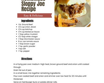 Homemade Sloppy Joe Recipe, Easy Dinner (Digital Download)