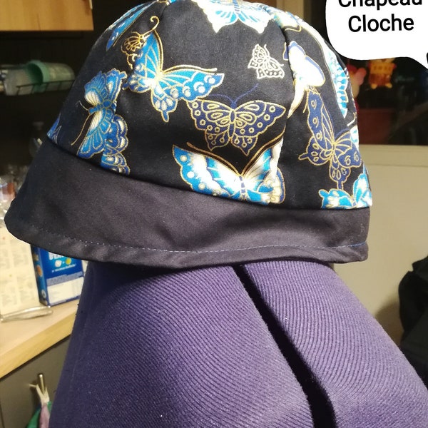Chapeau Cloche chapeau femme d'hiver d'automne style vintage bleu marine fleurs papillons, JadeNouveau