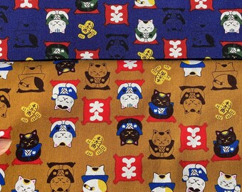 Tissu coton épais japonais maneki-neko chat samurai japonais tissu coton bleu marine jaune couleur foncé, tissu par 0.5 yard, JadeNouveau