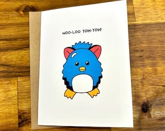 Tarjeta de feliz cumpleaños de Furby | Tarjeta de felicitación del milenio Y2K de los años 90 | Tarjeta de cumpleaños personalizada de la cultura pop | Juguete para niños de los noventa en lenguaje Furby