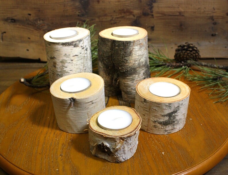 Birch yule log candle holder set of 5  includes candles image 1