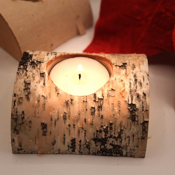 Mini Birch Yule Log Tealight Christmas Candle Holder - comes with candle.