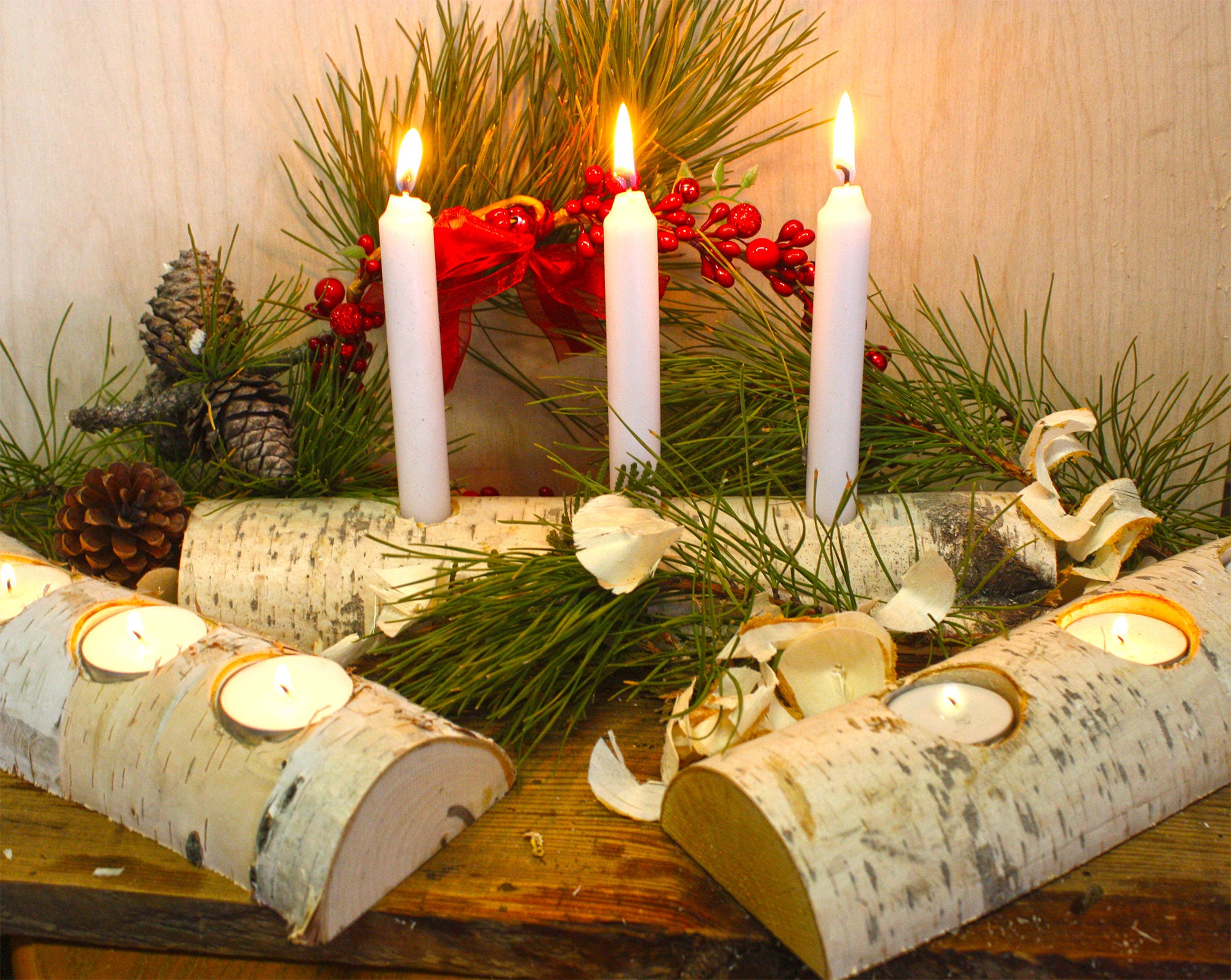 Birch Yule Log Christmas Candle Holder With Candles Etsy