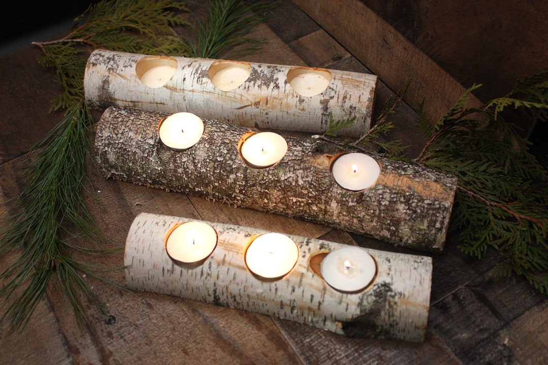 rustic-birch-tea-light-candle-holder-logs-candles-included-etsy