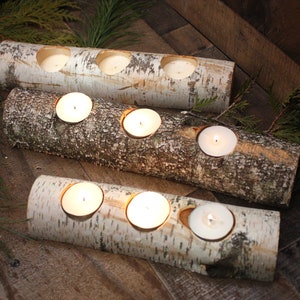 Rustic Birch Tea Light Candle Holder Logs - candles included