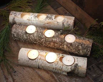 Rustic Birch Tea Light Candle Holder Logs - candles included