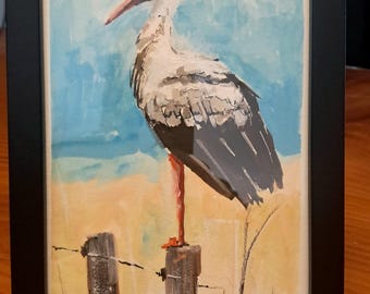 Original Gouache Painting of Stork - Framed