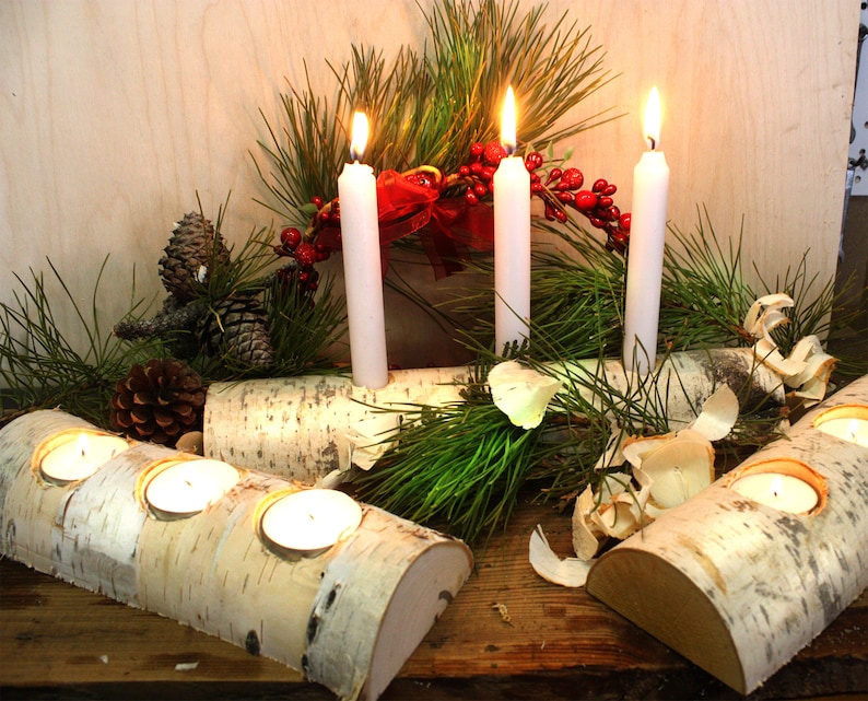 Birch Yule Log Christmas Candle Holder With Candles Etsy