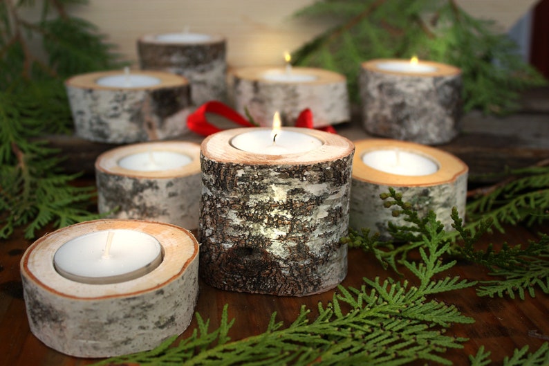 Birch Yule Log Candle Holder Comes With Tea Light Candle Etsy