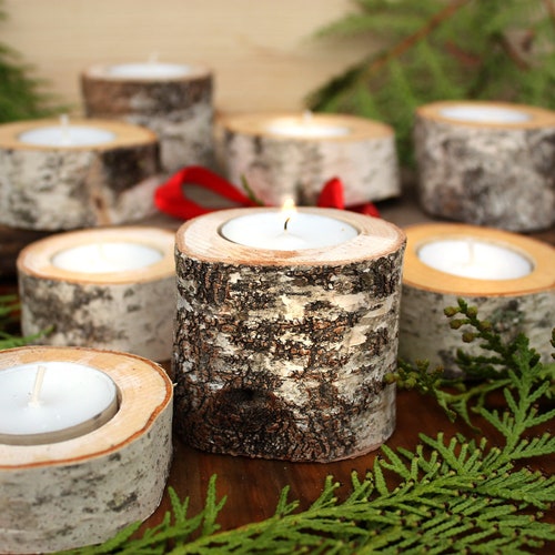 Birch Yule Log Candle Holder Comes With Tea Light Candle Etsy