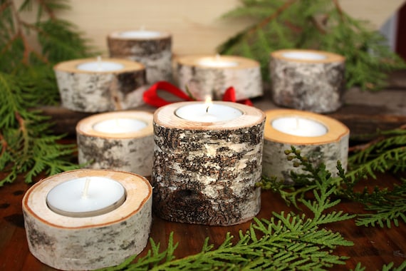 Birch yule log candle holder - Comes with tea light candle