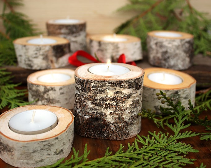 Birch Yule Log Candle Holder Comes With Tea Light Candle Etsy