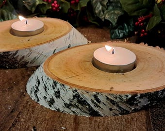 Small birch log  tealight Christmas or Yule holiday candle