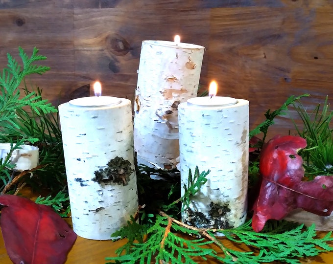 Tall Birch Yule Log Candle Holder With Tea Light Candle Etsy