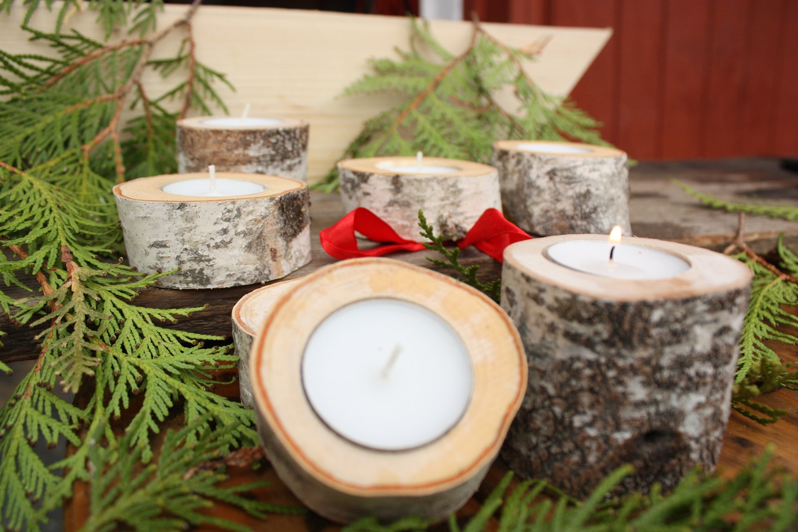 Birch Yule Log Candle Holder Comes With Tea Light Candle Etsy