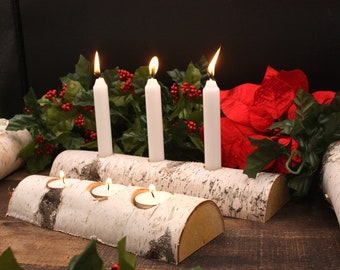 White Birch Rustic Yule log Christmas Candle Holder