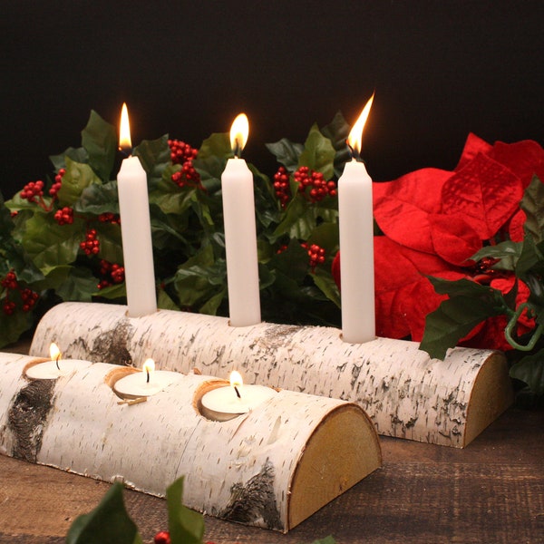 White Birch Rustic Yule log Christmas Candle Holder
