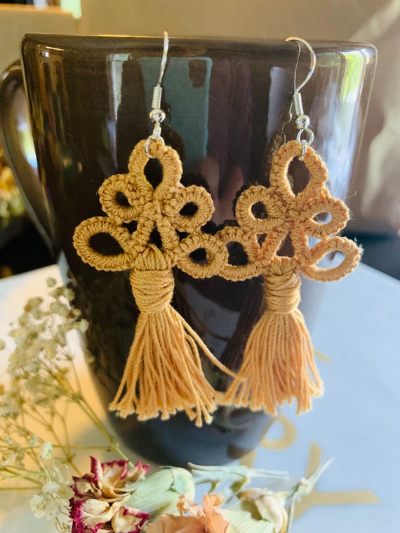 Yellow Tassel Earrings, Handmade Tatted Dangle Earrings, Antique Jewelry,  Victorian Lace Jewelery, Boho Style Earrings, Delicate Gypsy Style