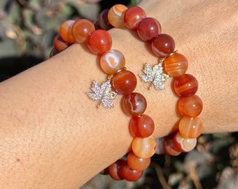 Carnelian Gemstone Bracelets with Maple Leaf Charm (10mm)