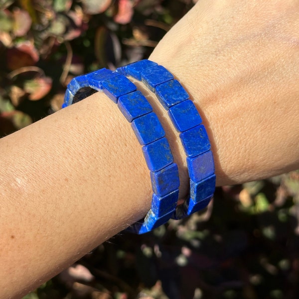 High Quality Lapis Lazuli Gemstone Bangle | Square Bead Stretchy Bracelet