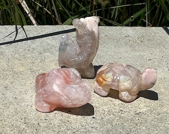 Flower Agate Mini-Chickens, Frogs and Turtles  |  Carved Flower Agate Cherry Blossom Animals | Mini Crystals