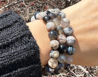 Black Flower Agate Gemstone Bracelets (10mm)