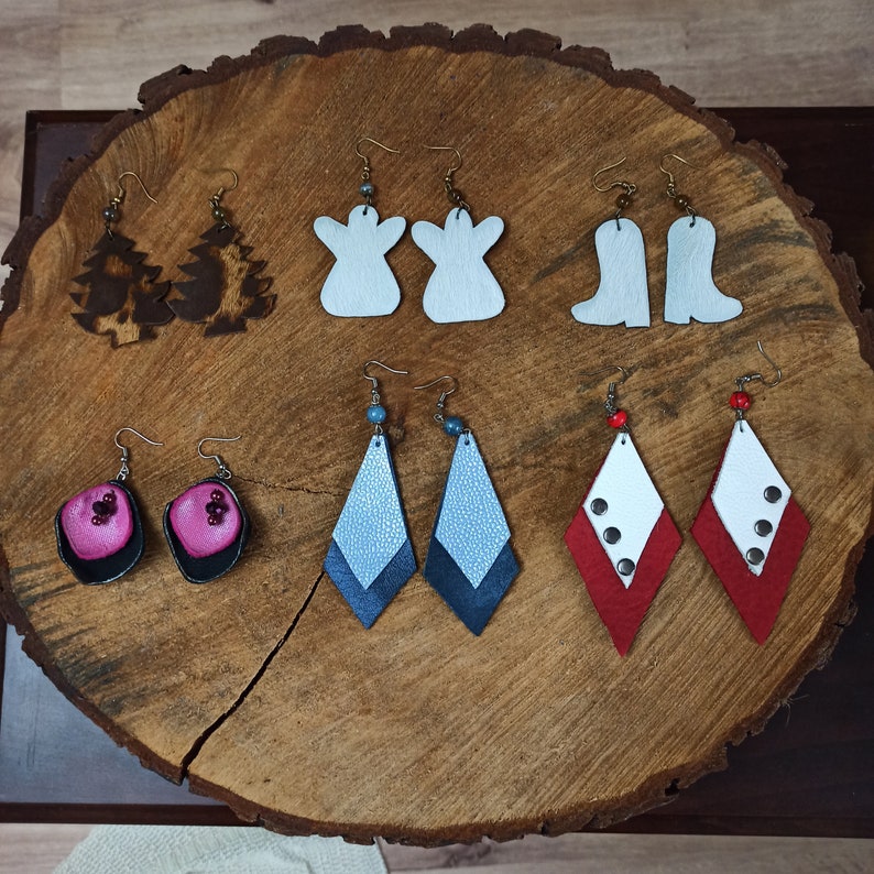 rectangular leather square pine tree boot handmade earrings. angel