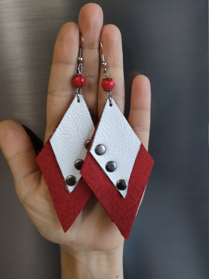 rectangular leather square pine tree boot handmade earrings. angel
