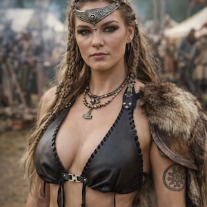 Può includere: Una donna con un top di pelle nera e una mantella di pelliccia, ornata da un diadema e una collana d'argento. Un tatuaggio circolare è visibile sul suo braccio. Tema storico o fantasy.