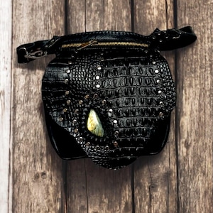 Crocodille Festival Bağ/Utility Belt With Stone/Hip Bag Labrodorite/Black Festival Belt/Belt iPhone Pocket Leather/Festival Waist Belt Bag/