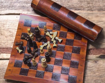 Leather Roll Up Chess Set with Personalized Tube, Case the most beautiful Valentine's day gift