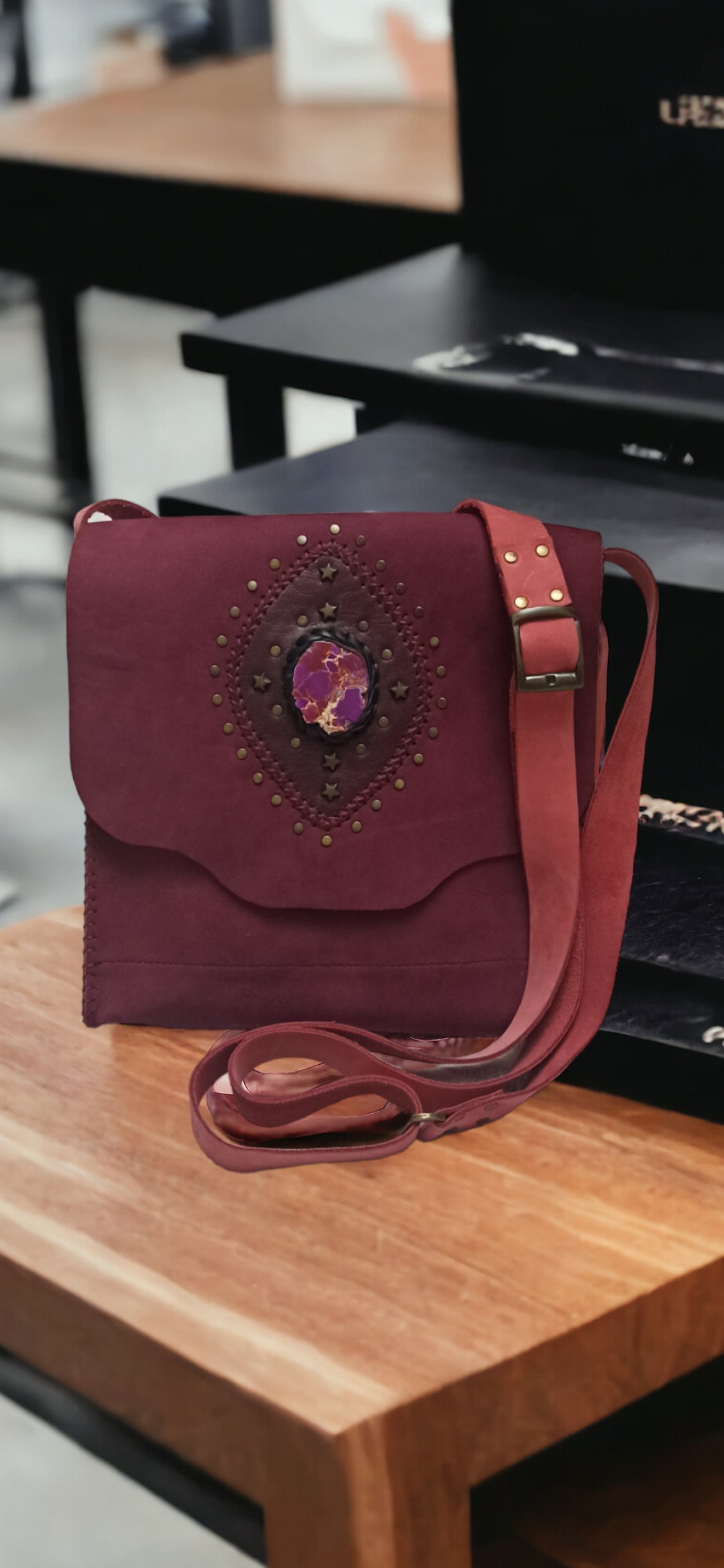 Christmas Gift, Leather Crossbody Bag, Burgundy Nubuck Bag