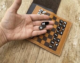 Travel Pocket Leather Chess Set/Personalize Birthday Gift/Soviet chess/Gift for her & him