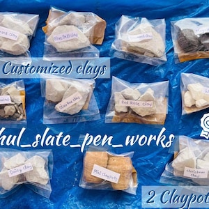 May include: Assortment of 1 kilogram bags of clay in various colors, including almond, blue bell, red rose, white, and gray. The bags are labeled with the type of clay and are arranged on a blue surface. The text "1 kilo Customized clays" and "2 Claypots free" is visible in the image.
