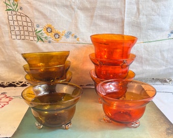 Mid Century Hand Blown Amber Glass Footed Bowls~Dessert Bowls~2 Sets Available ( Amber or Burnt Orange)