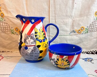 Large Vintage Ceramic Pitcher with Matching Bowl~Patriotic Cats Catzilia by Candace Reiter - Hand-Painted Naïve Art Ceramics