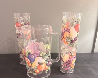 Set vintage di 6 bicchieri e brocca abbinata con coperchio~Pranzo estivo-~Plastica~Design con frutta