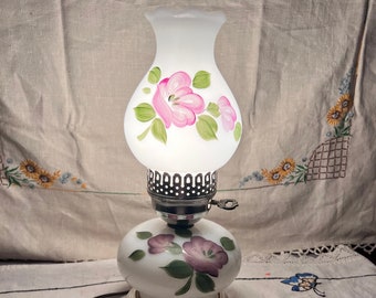 FLORAL HURRICANE LAMP…Milk Glass…Hand Painted…Purple Flowers With Green Leaves…Scalloped Top…Removable Bulb…Side Key…Vintage #W.F.