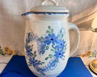 East Texas Pottery Pitcher Hand Thrown Floral Heart Painted Marshall TX with Lid