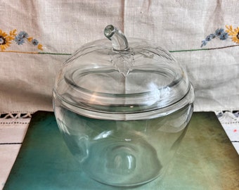 1970 Vintage Anchor Hocking vidrio transparente Apple Jar almacenamiento bote caramelo plato