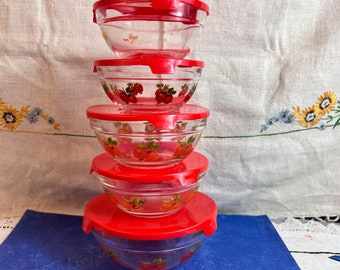 Ensemble de 5 bols gigognes vintage, bols pour réfrigérateur Anchor avec couvercles, accessoires de transfert de pommes rouges