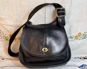 Coach Vintage Crescent Saddle Bag Cuero curtido Raro NYC 9235 Negro ~ 1970 ~ Raro