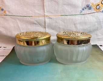 Vintage Estee Lauder Re-Nutriv Face Powder Vanity Jar Frosted Glass Gold Tone Lid~Set of 2