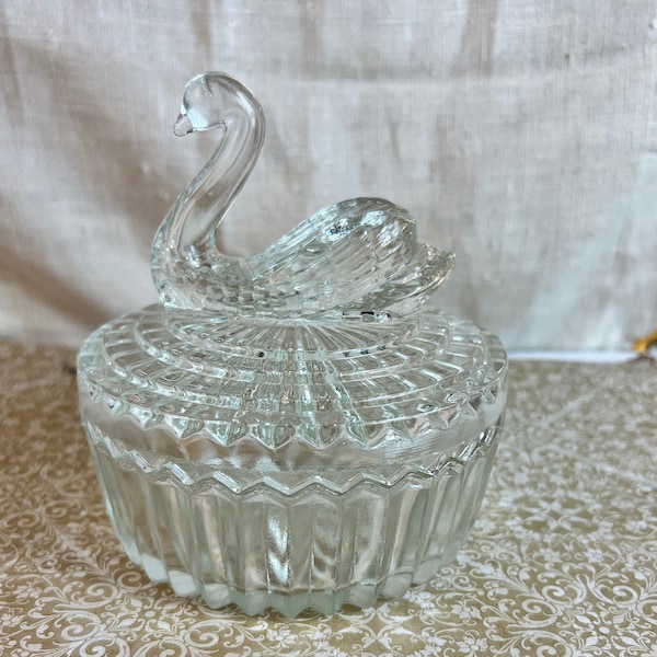 Vintage JEANNETTE Cut Glass Swan GlassJewelry/Trinket/Powder Dish, Lip Stick Holder, Keepsake Keeper