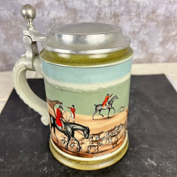 Mid Century English Beer Stein with Equestrian Fox Chase Scene - Imported from Germany~Vintage Equestrian Decor English Barware