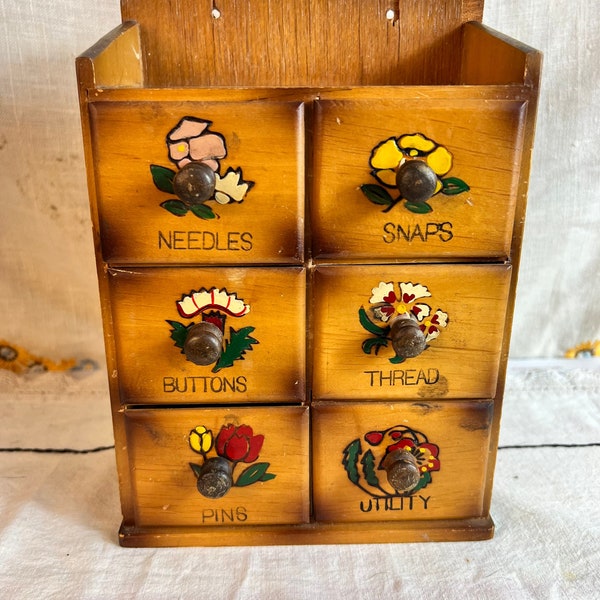 Vintage Wood Wooden 6 Drawer Sewing Cabinet with Drawers~TableTop/Hanging/MidCentury Box Hand painted Flowers Japan 6x8.5