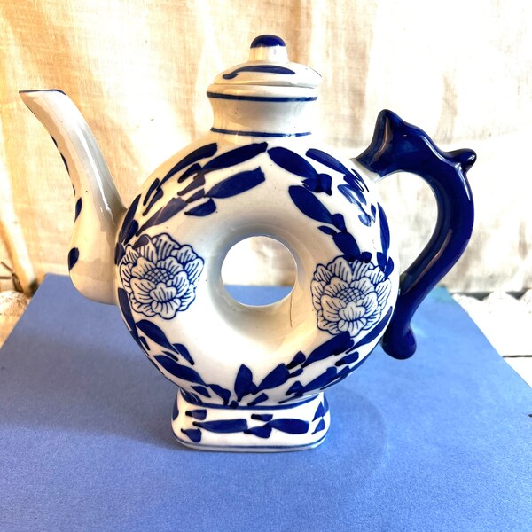Chinoiserie Donut Teapot Blue White Porcelain China Small Decorative Tea Pot Chinese Oriental Home Décor