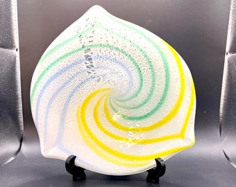 Jordan Imports Murano Art Glass Candy Stripe Green Pink Yellow Glass Bowl~Home Decor