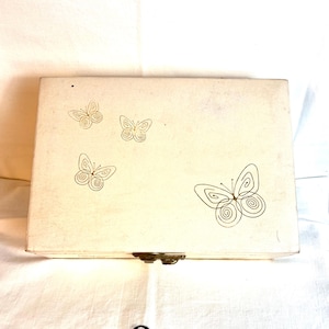 Jewelry Chest Red Satin and Velvet Lined with Gold Butterflies~Cream Color~Red Velvet and Satin Lined~2 Tier~Brass Lock